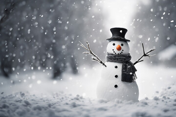 Fototapeta premium A joyful snowman in a snowy landscape with festive decorations, creating a merry holiday atmosphere