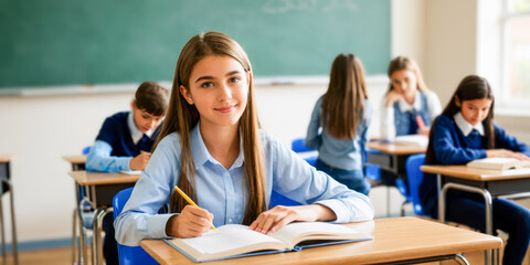 Back to school, students at desks, focused on learning, engaging with textbooks, educational environment, academic engagement, primary or secondary school setting