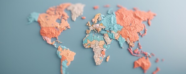 A colorful, textured world map highlighting continents, ideal for travel and educational projects.