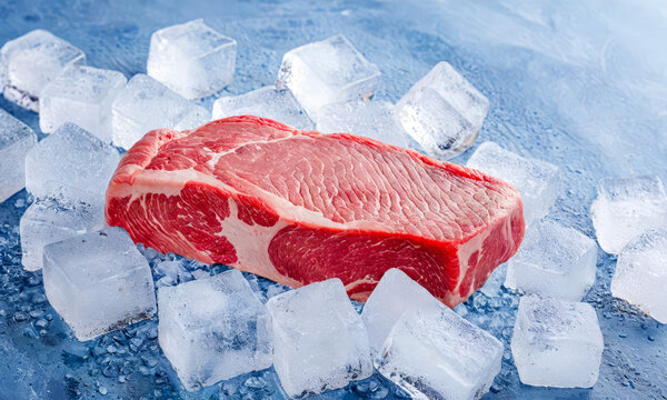 Fresh raw steak on cold ice cubes, chilled beef cut, meat preservation concept, uncooked ribeye cooling, butcher shop display, culinary ingredient preparation