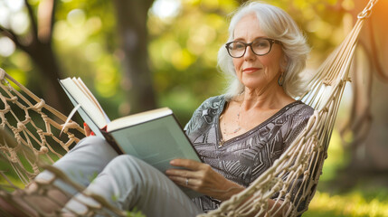 Beautiful senior woman reading a book while sitting in hammock outdoors