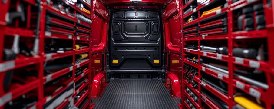 A well-organized interior of a red work van, showcasing tools neatly arranged on shelves for easy access and efficient workspace.
