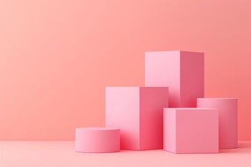 Obraz premium A vibrant arrangement of pink geometric shapes on a soft pink background, perfect for modern design projects or creative displays.