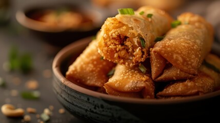 Thai Spring Rolls Style Crispy and Glowing Wrapper Effect Concept with goldenbrown wrappers and sunlight filtering through