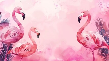 Naklejka premium Cute cartoon flamingo frame border on background in watercolor style.
