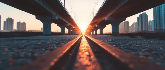 Traveler with urban bridge and sunlight filtering through its structure, symbolizing connection and the journey across vibrant cityscapes, banner, with copy space