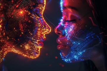 Face to face digital interaction in a glowing cybernetic environment exploring themes of connection technology and human emotions