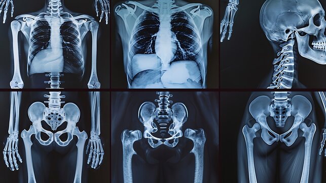 a collage of six medical x-rays showing different parts of the human body