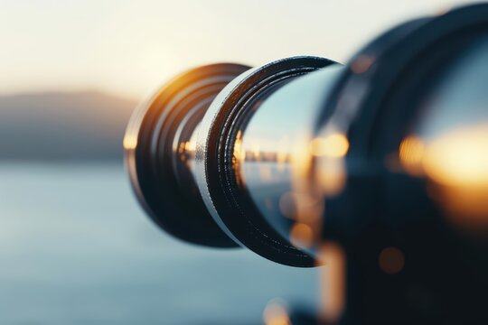 Vision concept with future outlook and sunlight filtering through a telescope, representing foresight and strategic planning, banner, with copy space