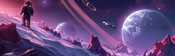 Fototapeta premium Design an image showing a astronaut exploring a large 3D cartoon planet with rings. Other planets and spaceships can be seen in the distance