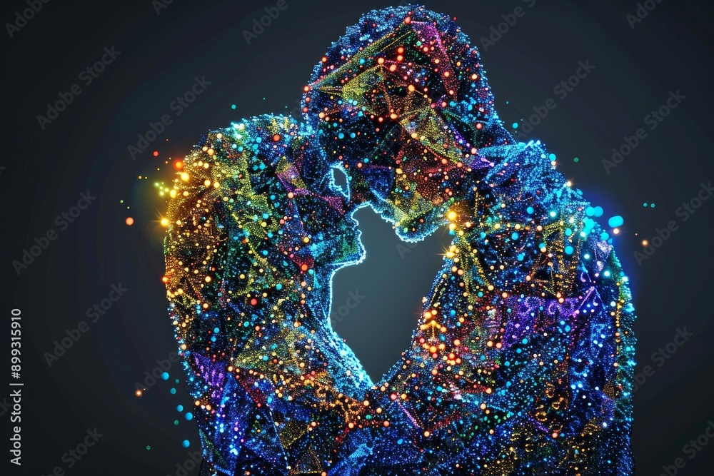 Poster digital couple in a colorful abstract setting symbolizing connection love and modern technology in a