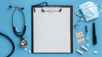 a clipboard with a blank sheet of paper, surrounded by medical supplies like a stethoscope, pills, a pen, glasses, and a face mask