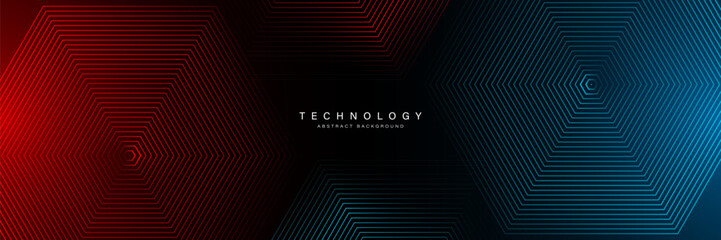 Technology abstract background with red and blue light effect. Glowing hexagon lines pattern. Modern graphic design. Futuristic concept. Suit for cover, presentation, website, banner, corporate