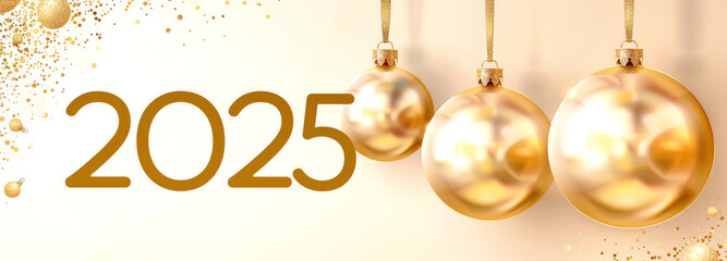 Golden Christmas ornaments hang against a light background with the year 2025 in the center
