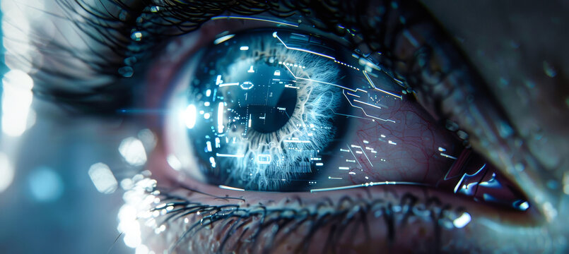 A close-up view of an eye, with futuristic technology integrated into the iris, showcasing the potential for enhanced vision and digital integration