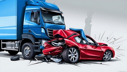Naklejka premium Two cars accident. Crashed cars. A red car against the back of a big truck. Big damage. Isolated on white background. Viewed from a side