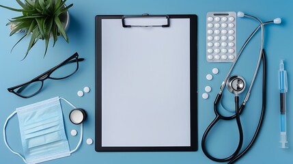 a clipboard with a blank sheet of paper, surrounded by medical supplies like a stethoscope, pills, a pen, glasses, and a face mask