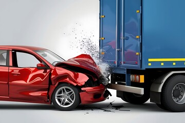 Two cars accident. Crashed cars. A red car against the back of a big truck. Big damage. Isolated on white background. Viewed from a side
