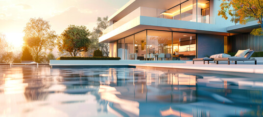 A modern cottage with a large pool and lush garden, bathed in the warm glow of the setting sun