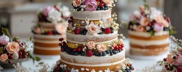 Obraz premium Floral Wedding Cake A multitiered wedding cake adorned with delicate sugar flowers, edible gold leaf, and fresh berries
