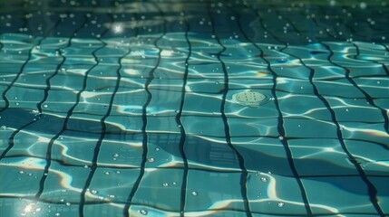 Naklejka premium Sunlight creates beautiful reflections on the bottom of a clear swimming pool, highlighting its clean and inviting waters.