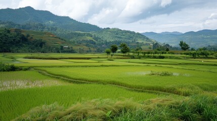 Tranquil Rice Paddy Fields in a Mountainous Landscape
