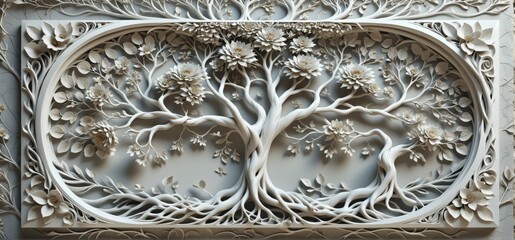 3D rendering white wall panel tree design it is center branches