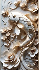 Close-up white wall panel detailed carving koi fish is