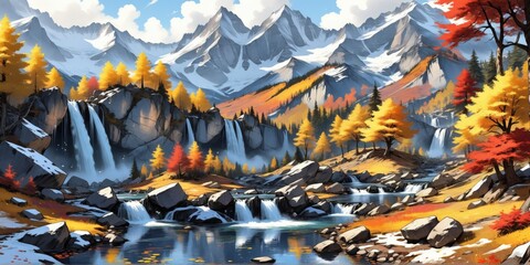 Digital illustration beautiful autumn scene It shows waterfall c