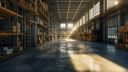 Multi-tiered shelves in modern large warehouse background. Industrial and logistics company in warehouse