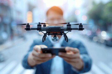 Businessman holding abstract sphere over mobile phone background.