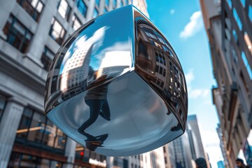 Businessman holding abstract sphere with shiny cube in 3D.