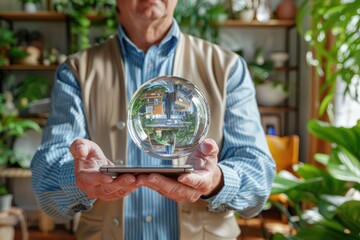 Businessman holding abstract sphere over mobile phone background.
