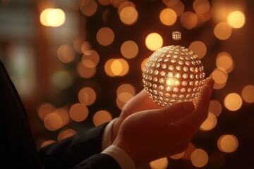 Businessman holding abstract sphere with shiny cube in 3D.