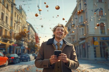 Businessman holding abstract sphere over mobile phone background.