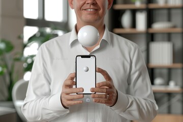 Businessman holding abstract sphere over mobile phone background.