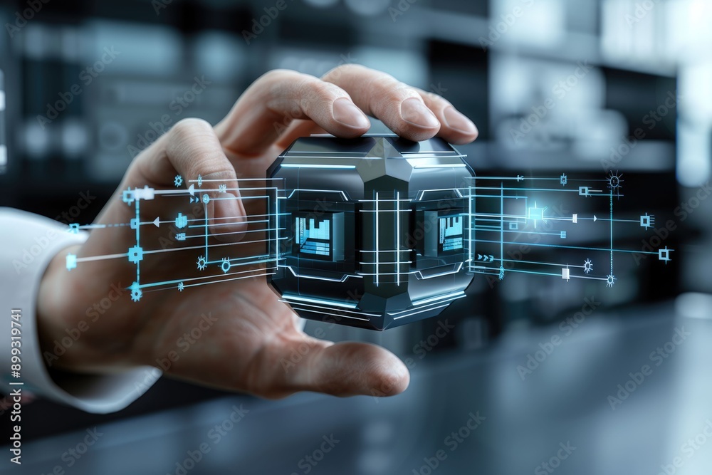 Poster businessman touching shiny cube in abstract 3d rendering.