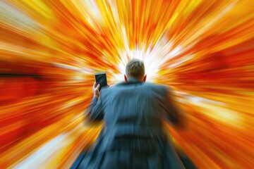 Businessman holding abstract sphere over mobile phone background.