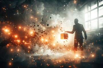 Businessman touching shiny cube in abstract 3D rendering.