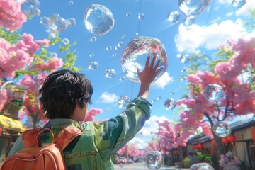 Obraz premium Businessman touching shiny cube in abstract 3D rendering.