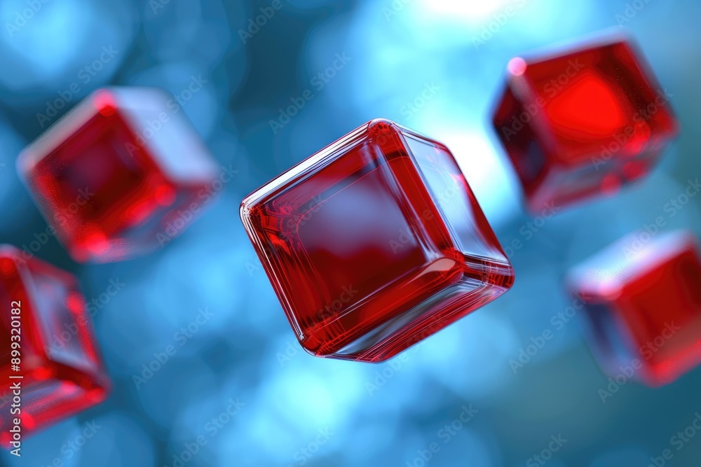 Poster flying red cubes on an abstract background. 3d rendering