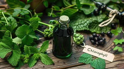 A bottle of liquid chlorophyll on the table. Selective focus.