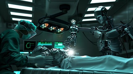 Advanced AI Robot Conducting Minimally Invasive Surgery Under Surgeon's Watchful Eye