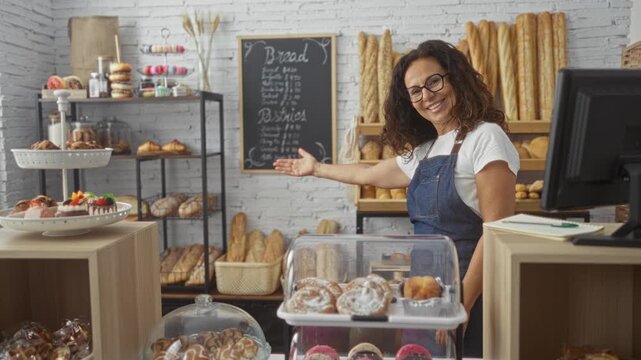 Woman working in bakery shows off her selection of fresh pastries with bread in the background, smiling and standing behind the counter