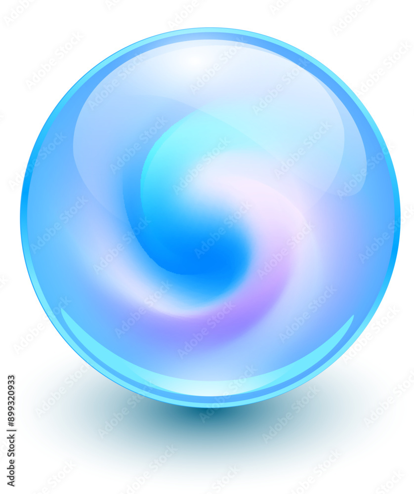Poster glass ball with abstract spiral shape inside, blue shiny sphere with interesting marble pattern, 3d 
