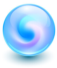 Glass ball with abstract spiral shape inside, blue shiny sphere with interesting marble pattern, 3d illustration.