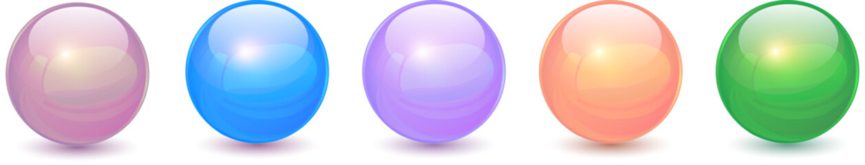 Pastel colored spheres set, shiny and glossy 3D colorful glass balls collection