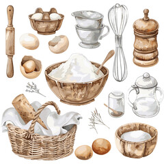 A collection of watercolor illustrations of kitchen utensils, ingredients, and baking tools.