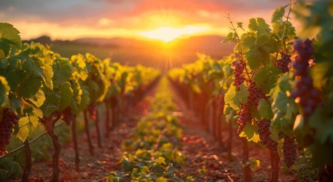 Sunlit vineyard with rows of vines and space at the top for winery promotions