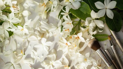 White Flowers and Makeup Brushes on a White Surface